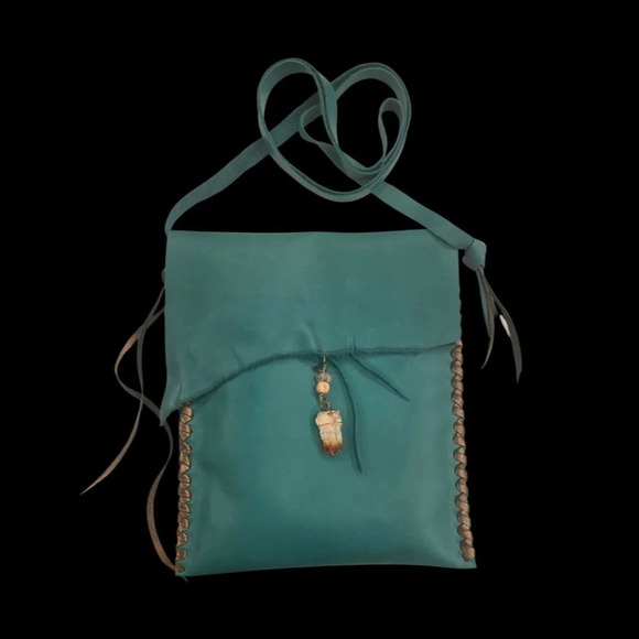 Teal Leather Crossbody Handbag w/Citrine Crystal, NWT, Handmade by me - Picture 3 of 6
